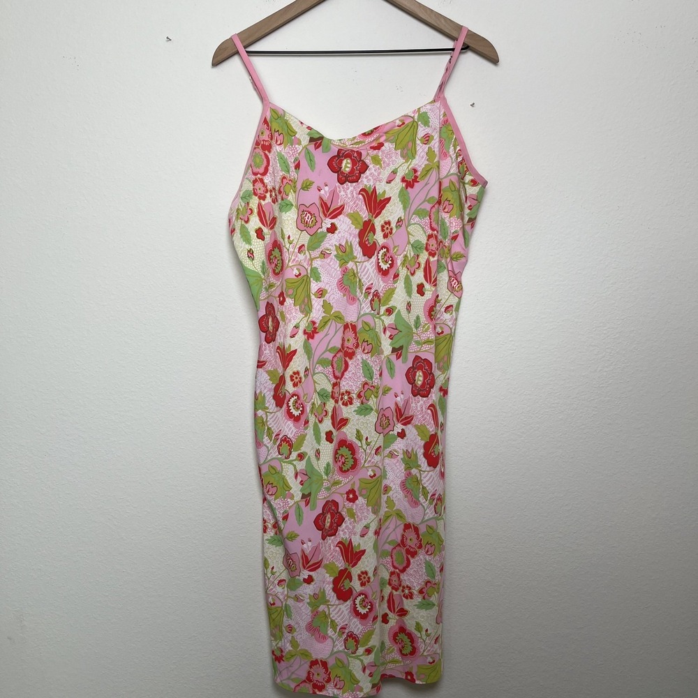 Natori Cruz Women Slip Dress XL Pink Multicolor 70s Groovy Ruched Bust Midi Flor